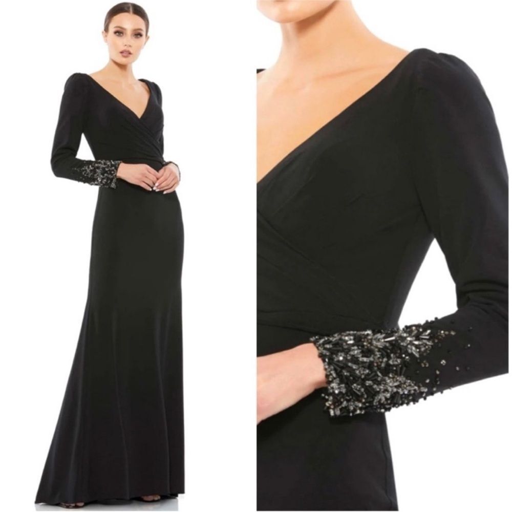 NWT Mac Duggal 55712 Beaded cuffs long sleeve wrap over trumpet gown $398